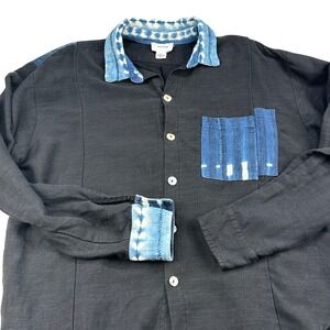 RG Kane Womens Black Indigo Patchwork Shibori Linen Blend Shirt Med USA, RARE